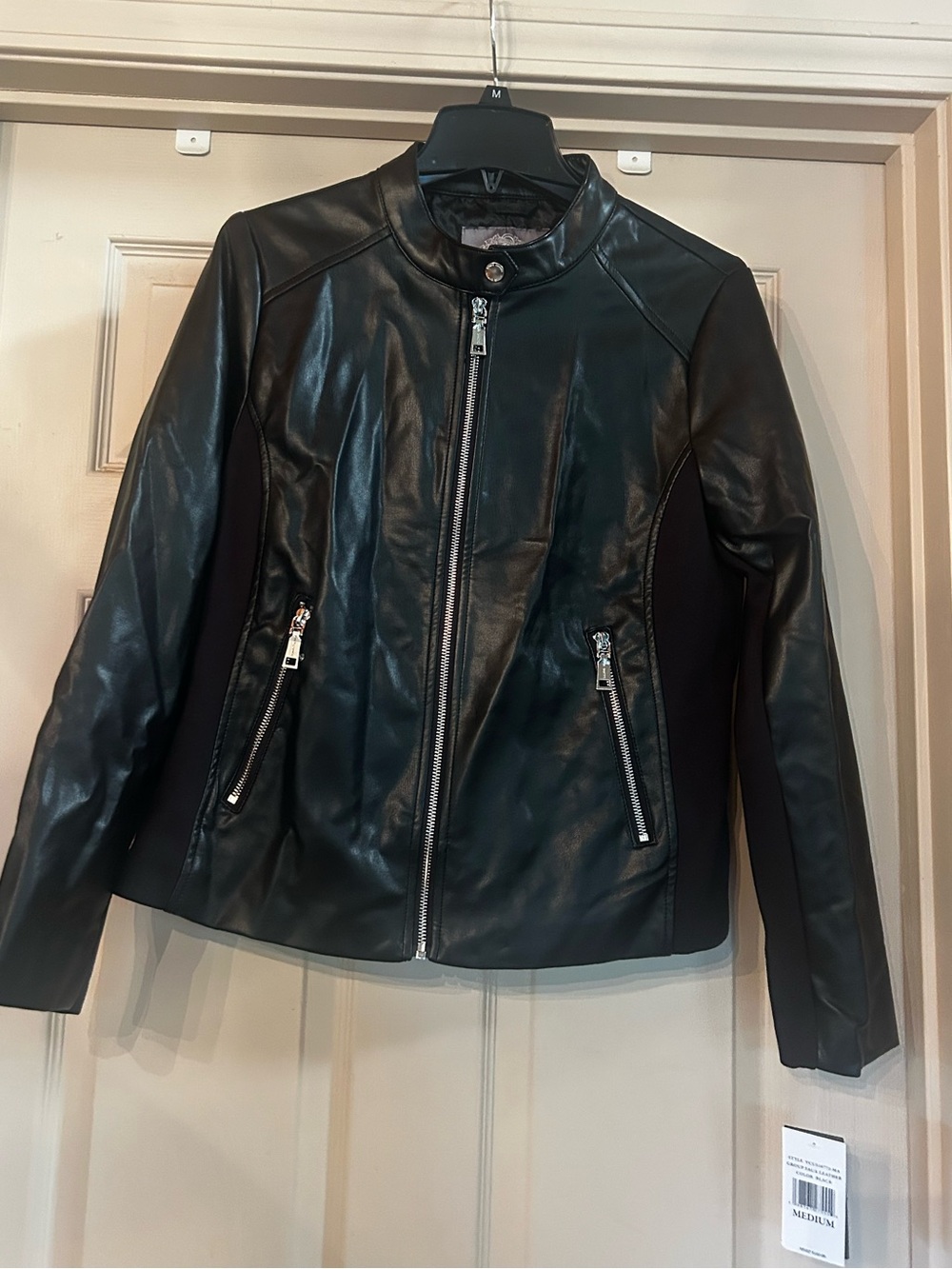 NWT Vince Camuto Soft Black Faux Leather Zip-Front Motorcycle Jacket Side Panels